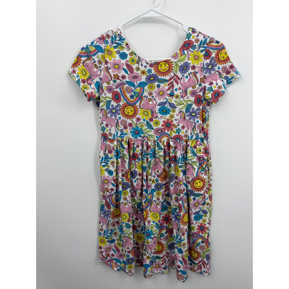 Lands End Fit and Flare Dress Kids‎ 10-12 White Unicorn Rainbow Floral Sun Print
